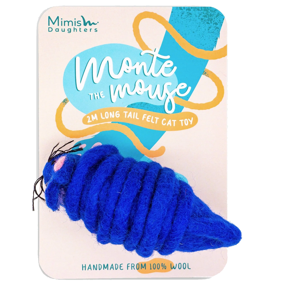 Mimis Daughters Katzen Spielzeug Maus, Filzwolle, 10 cm, Schwanz 2 m, blau