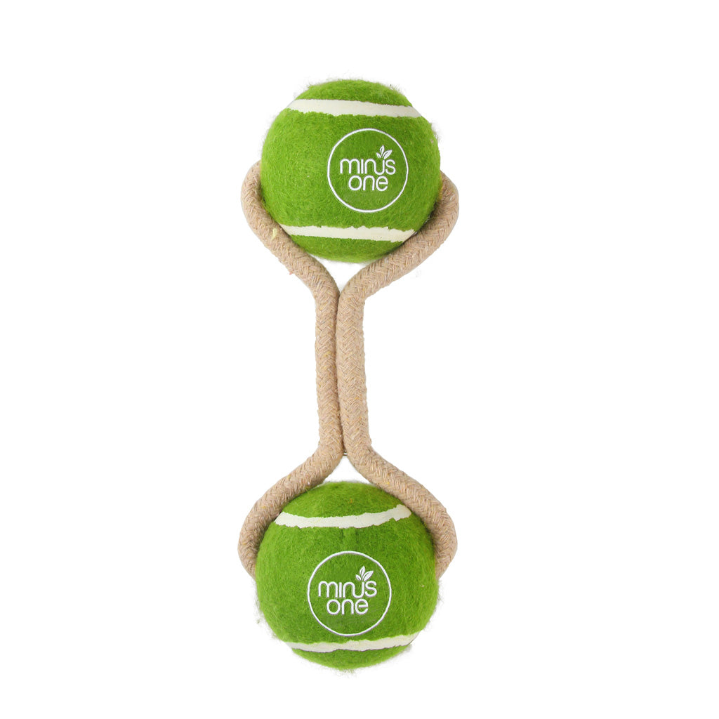 Minus One Hundespielzeug, Seil mit 2 Tennisbällen, Naturkautschuk, Repreve-Filz