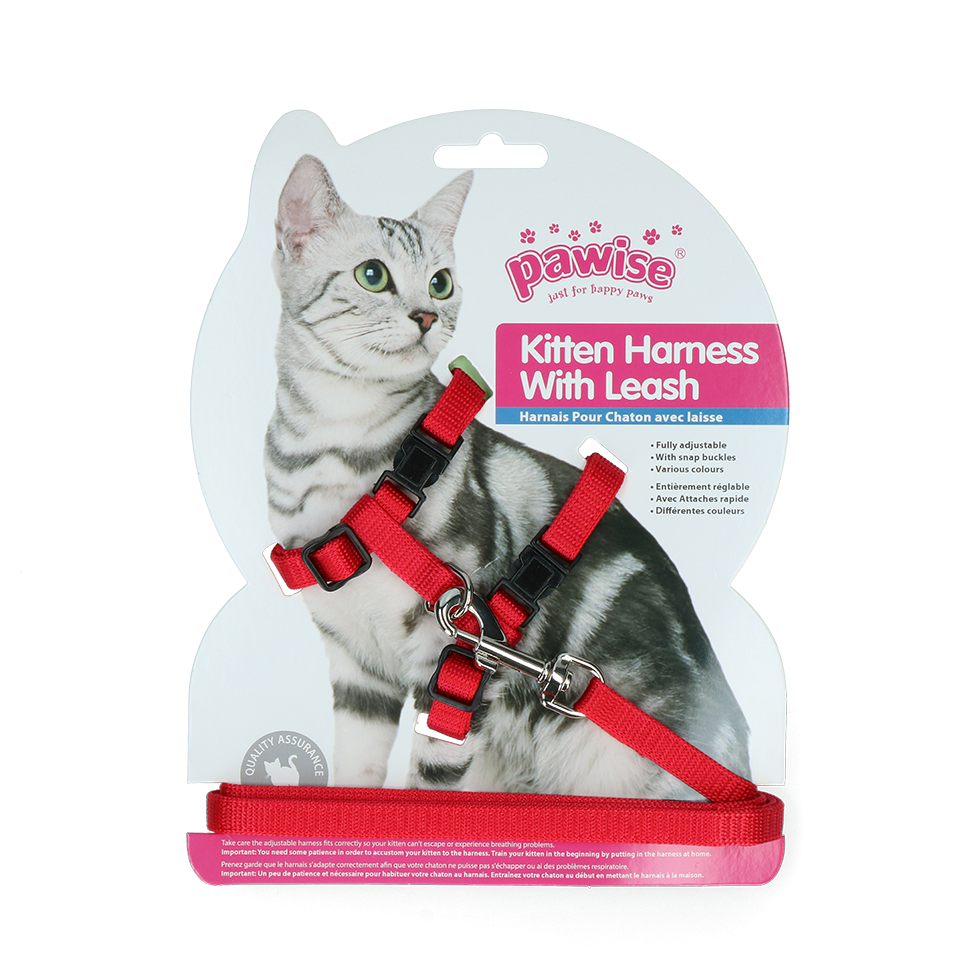 Pawise Katzengeschirr mit Leine, für Kitten, Größe S, Halsumfang 14,5–25 cm, Bauchumfang 18–30 cm, rot/blau
