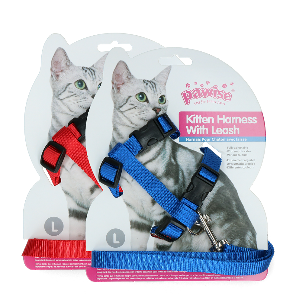 Pawise Katzengeschirr mit Leine, Katze, verstellbar, Größe L, Halsumfang 22–35 cm, Bauchumfang 30–52 cm, rot/blau
