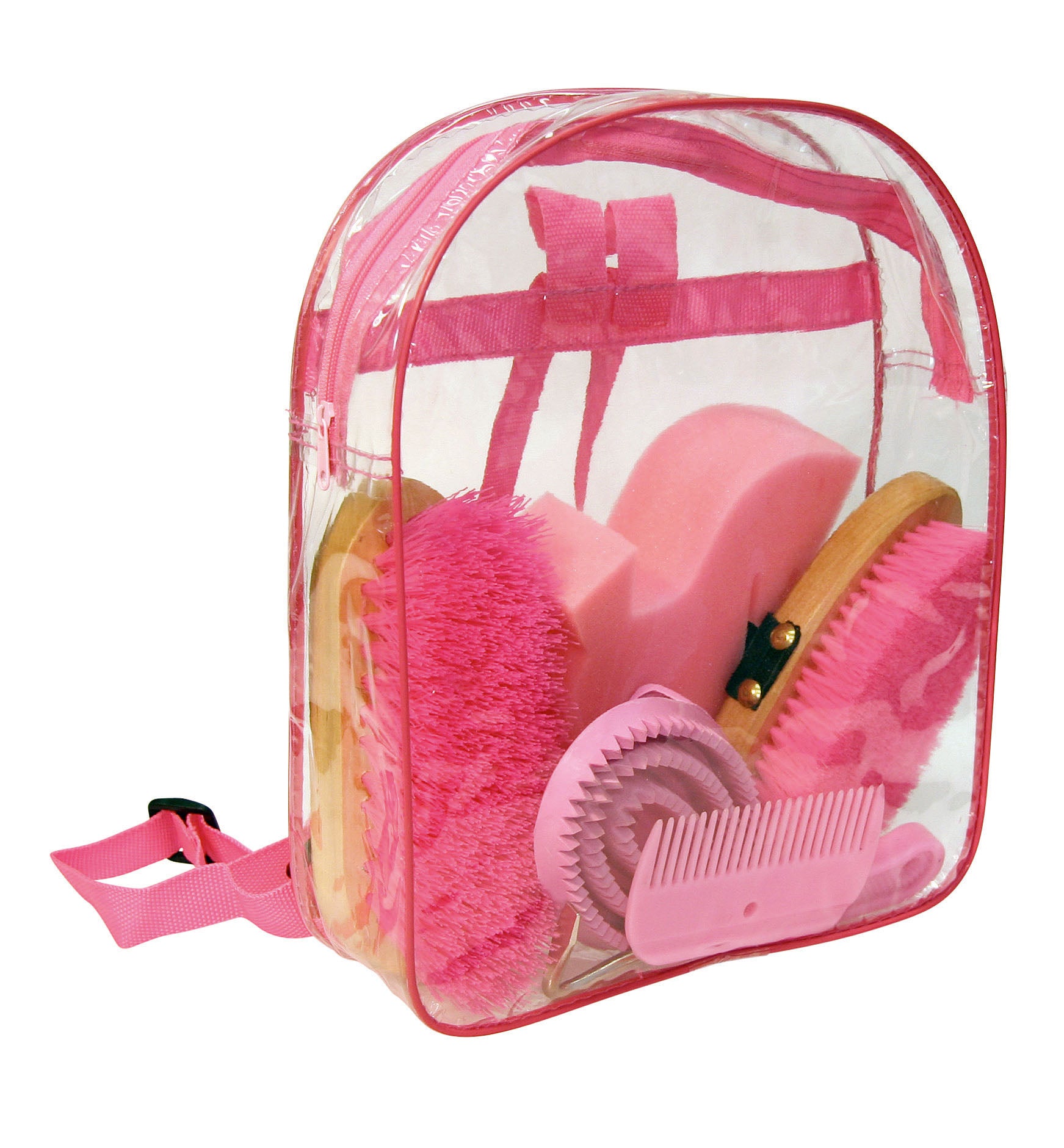 Putzset für Pferde, 7-teilig, im transparenten Rucksack, rosa