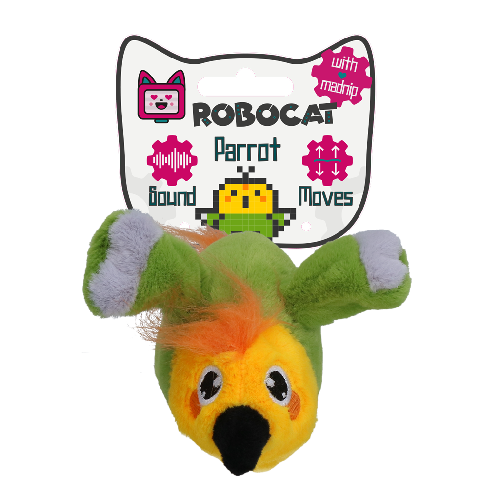 Robocat Katzenspielzeug Papagei, interaktiv, mit Madnip, beweglich, mit Geräuschen, 3 Modi, aufladbar per Micro-USB