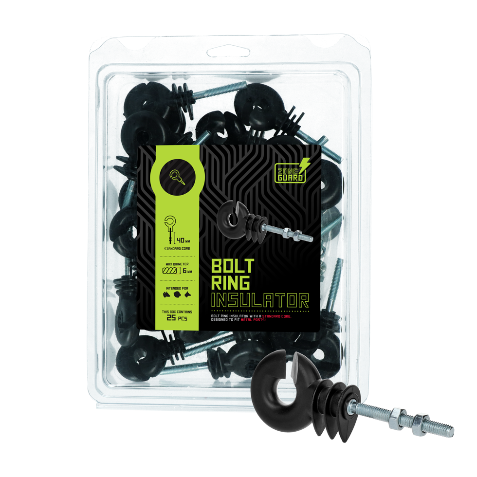 ZoneGuard Ringisolator, schwarz, Metallkern, mit Schraube, für Draht und Seil bis 6 mm, 25 Stk