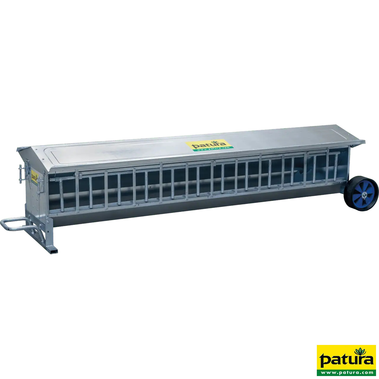 Lämmer-Futterautomat, L= 2,44 m, fahrbar Inhalt ca. 240 ltr., mit Dach, verzinkt