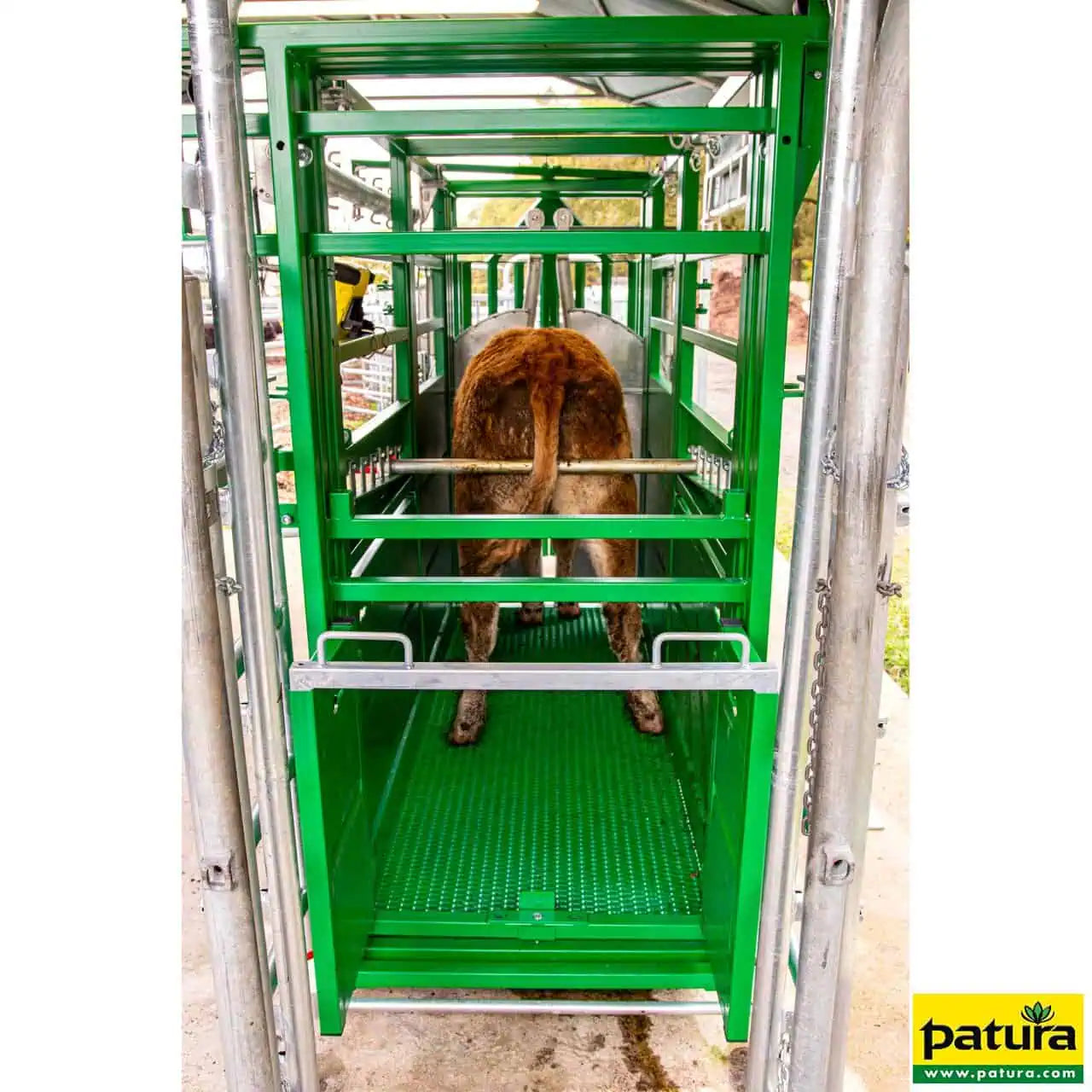 Behandlungsstand A6000, Heckschiebetür, Fangkorb 2-flügelig, stufenlose Halsfangvorrichtung, 3,2 m x 1,3 m x 2,05 m, 661 kg