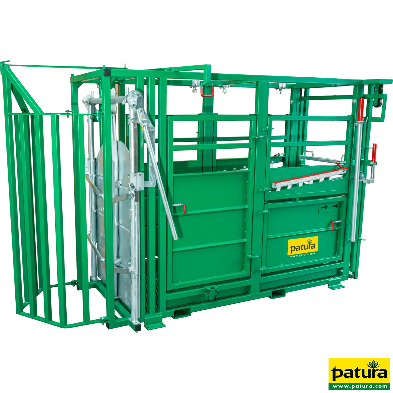 Behandlungsstand A6000, Heckschiebetür, Fangkorb 2-flügelig, stufenlose Halsfangvorrichtung, 3,2 m x 1,3 m x 2,05 m, 661 kg